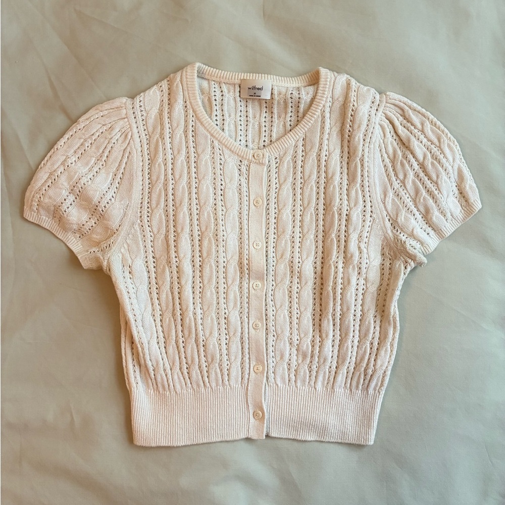 Ivory Cropped Cable Knit Puff-Sleeved Cardigan